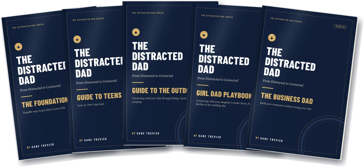 All five Distracted Dad guide covers by Gabe Trevizo: The Foundation, Guide to Teens, Guide to the Outdoors, Girl Dad Playbook and The Business Dad